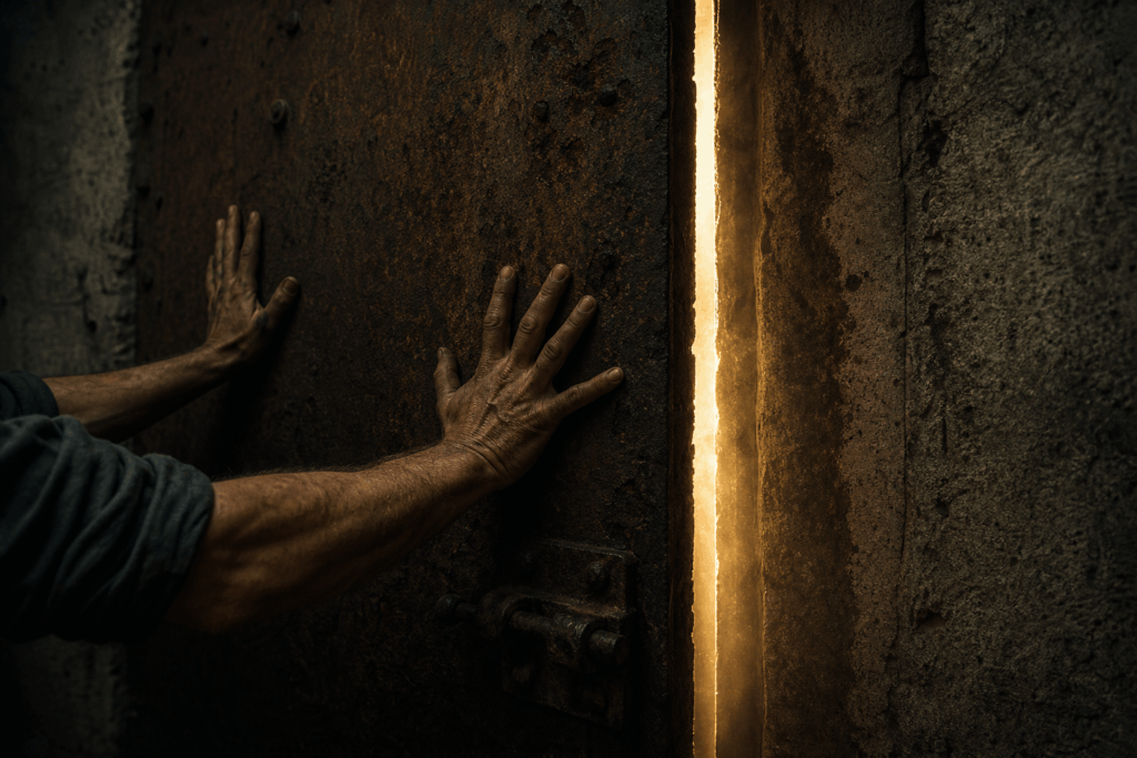 porta de ferro enferrujada sendo empurrada com esforço, uma fina linha de luz escapando pela fresta - metáfora visual de que o cansaço não é fraqueza, mas sim a última resistência antes da passagem