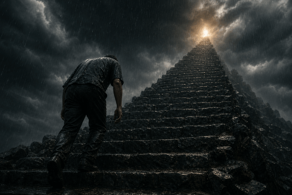 homem exausto subindo uma escadaria íngreme em meio a uma tempestade, o corpo curvado pelo cansaço mas os pés ainda se movendo - metáfora visual de que é preciso continuar mesmo sem forças, porque o movimento é mais importante que a motivação
