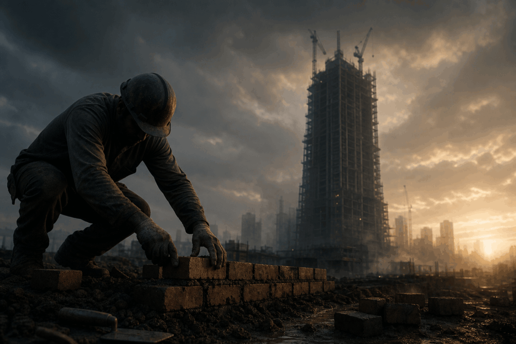 homem construindo fundação com tijolos ao amanhecer — metáfora visual de que dinheiro é processo lento de construção, não evento rápido
