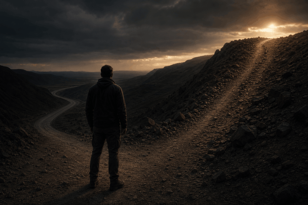 homem solitário em um campo árido ao amanhecer, com o rosto iluminado por uma luz dourada fraca no horizonte, expressão séria e determinada, clima cinematográfico e introspectivo - metáfora visual de que o fracasso constrói o caráter