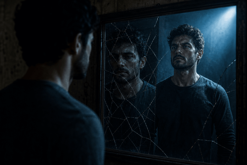 homem olhando o próprio reflexo em um espelho rachado - metáfora visual de como as pequenas concessões diárias nos afastam de quem queremos ser
