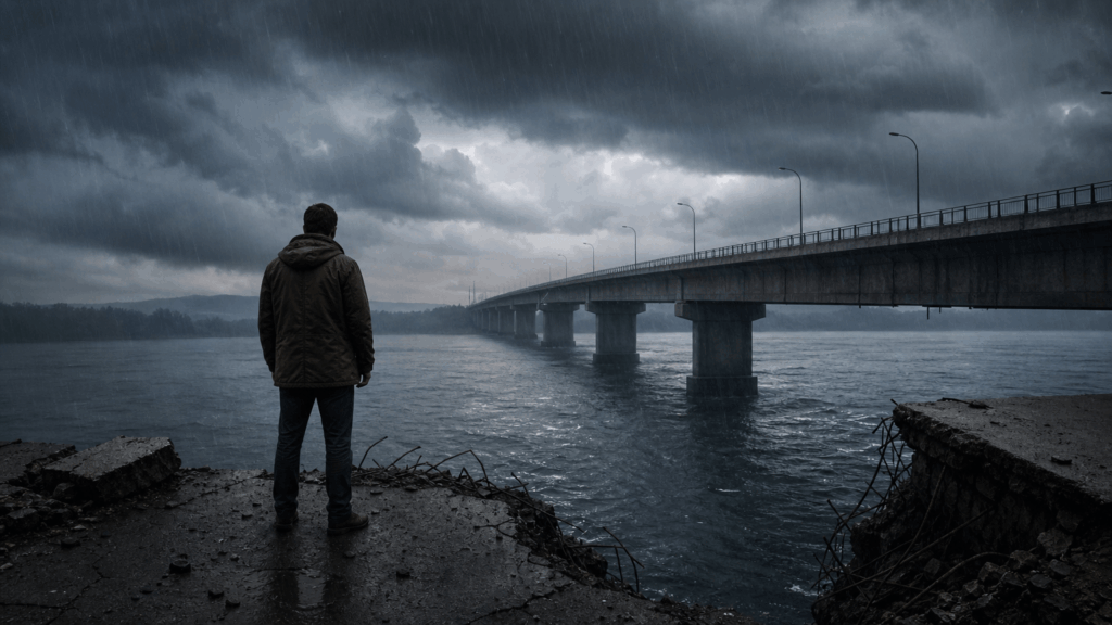 abandono na crise - pessoa sozinha em ponte rachada sob tempestade simbolizando quem some quando a vida aperta