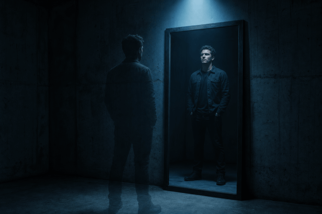 homem em pé sozinho em um quarto vazio, iluminado por uma luz fria vinda de cima, olhando para o próprio reflexo em um espelho - metáfora visual de aprender a se bastar emocionalmente