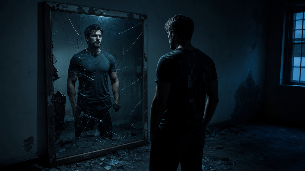 homem olhando reflexo no espelho quebrado - não sentir falta dela mas sentir falta de si mesmo após término de relacionamento