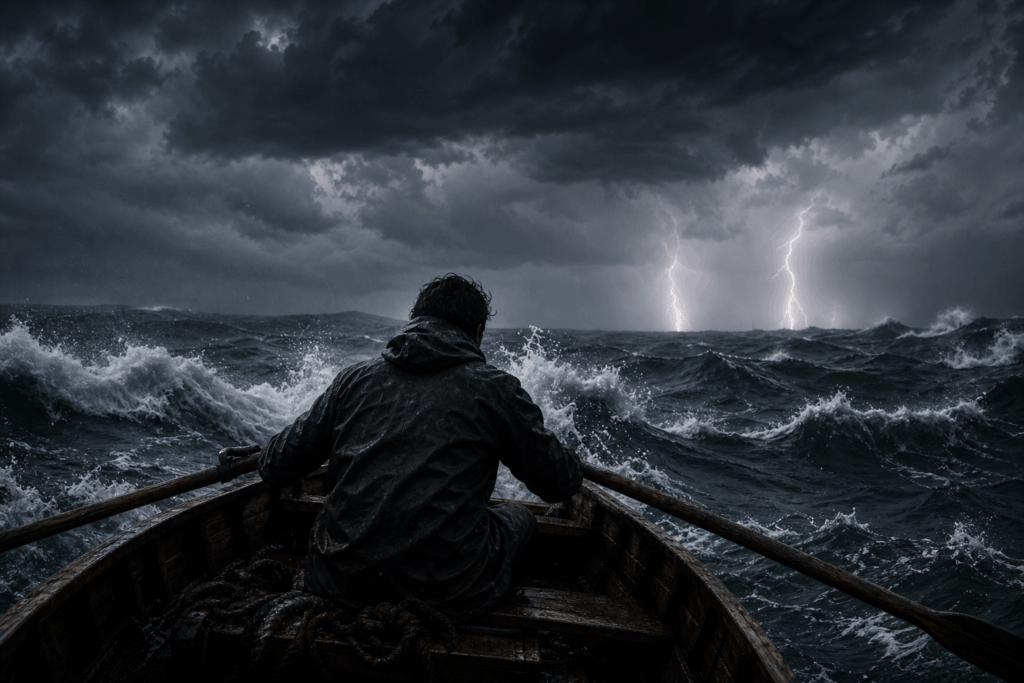 homem remando um pequeno barco em meio a ondas violentas durante uma tempestade no mar, o céu escuro com relâmpagos ao fundo - metáfora visual de que você não controla o caos, mas pode aprender a atravessar sem perder a direção