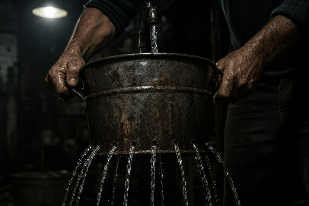 exaustão disfarçada de disciplina mãos tentando encher um balde furado com água em um ambiente escuro - metáfora visual de esforço desperdiçado que parece disciplina mas é só vazamento