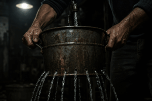exaustão disfarçada de disciplina mãos tentando encher um balde furado com água em um ambiente escuro - metáfora visual de esforço desperdiçado que parece disciplina mas é só vazamento