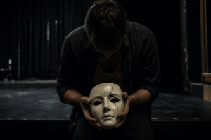 fingir ser forte homem segurando uma máscara de porcelana perfeita e rachada nas sombras de um palco vazio - metáfora visual do peso de sustentar um personagem